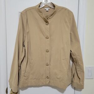 J. Jill Womens Khaki Tan Mock Neck Button Front Pleated Back Jacket Size L